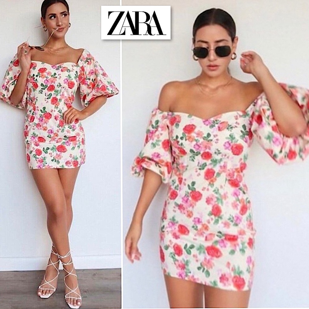 NWT ZARA THE CAROLINE DRESS S MINI FLORAL OFF SHOULDER PUFF SLEEVE Blogger Fave - Picture 3 of 16